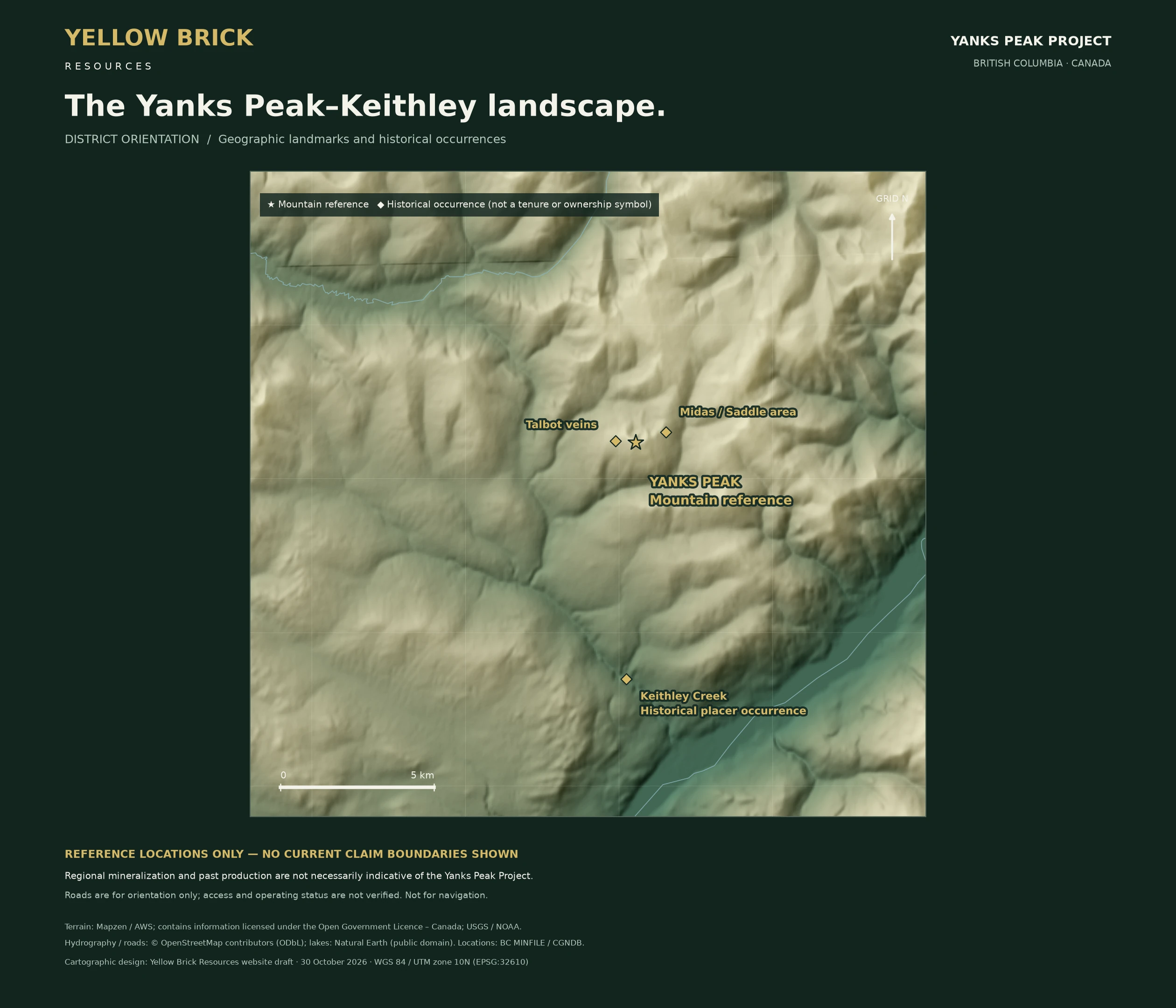 Shaded terrain map of Yanks Peak and Keithley Creek, with historical district occurrences; not a claim boundary map