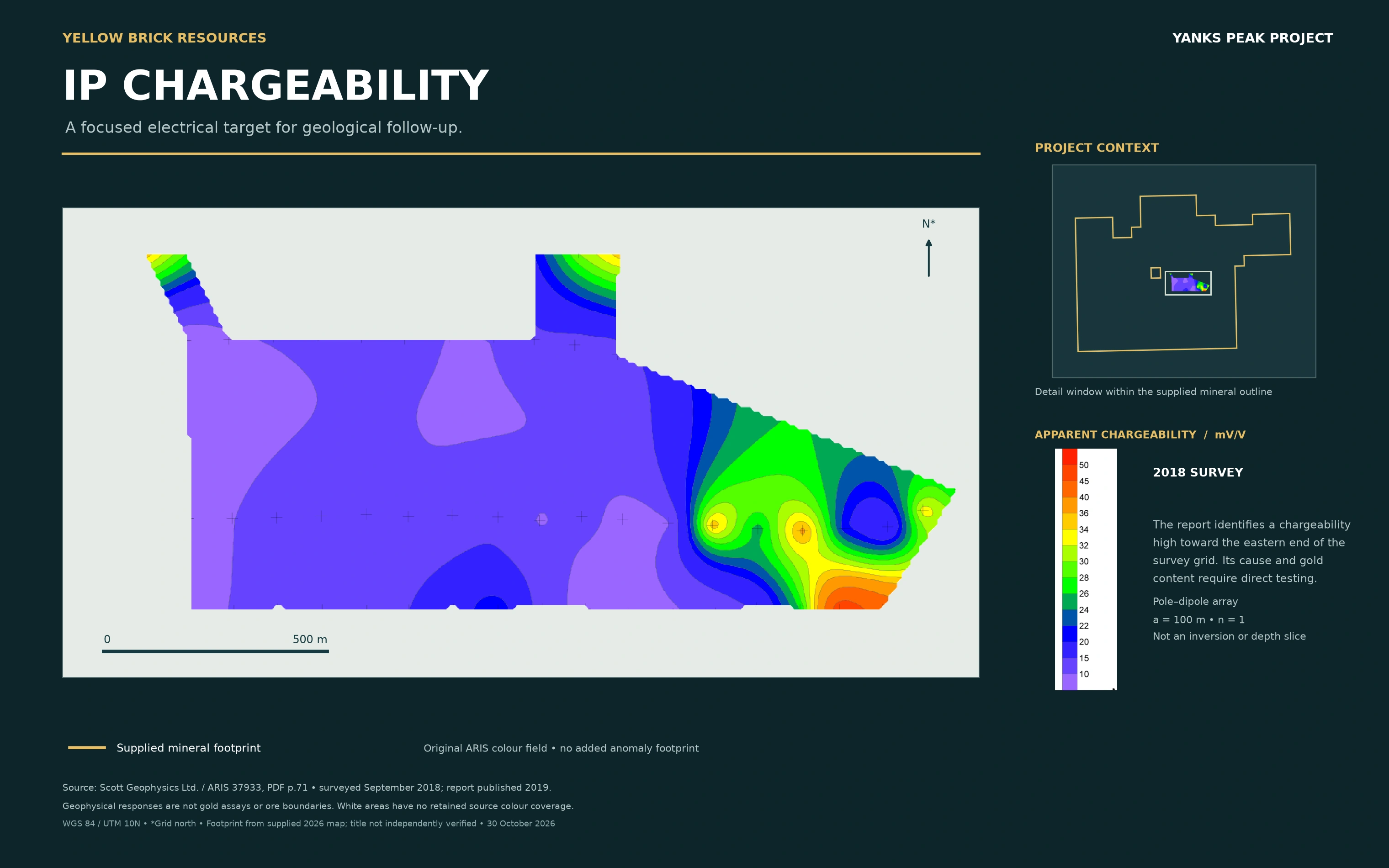 IP chargeability: Pole–dipole first separation, a = 100 m, n = 1. Not a depth slice or inversion model.