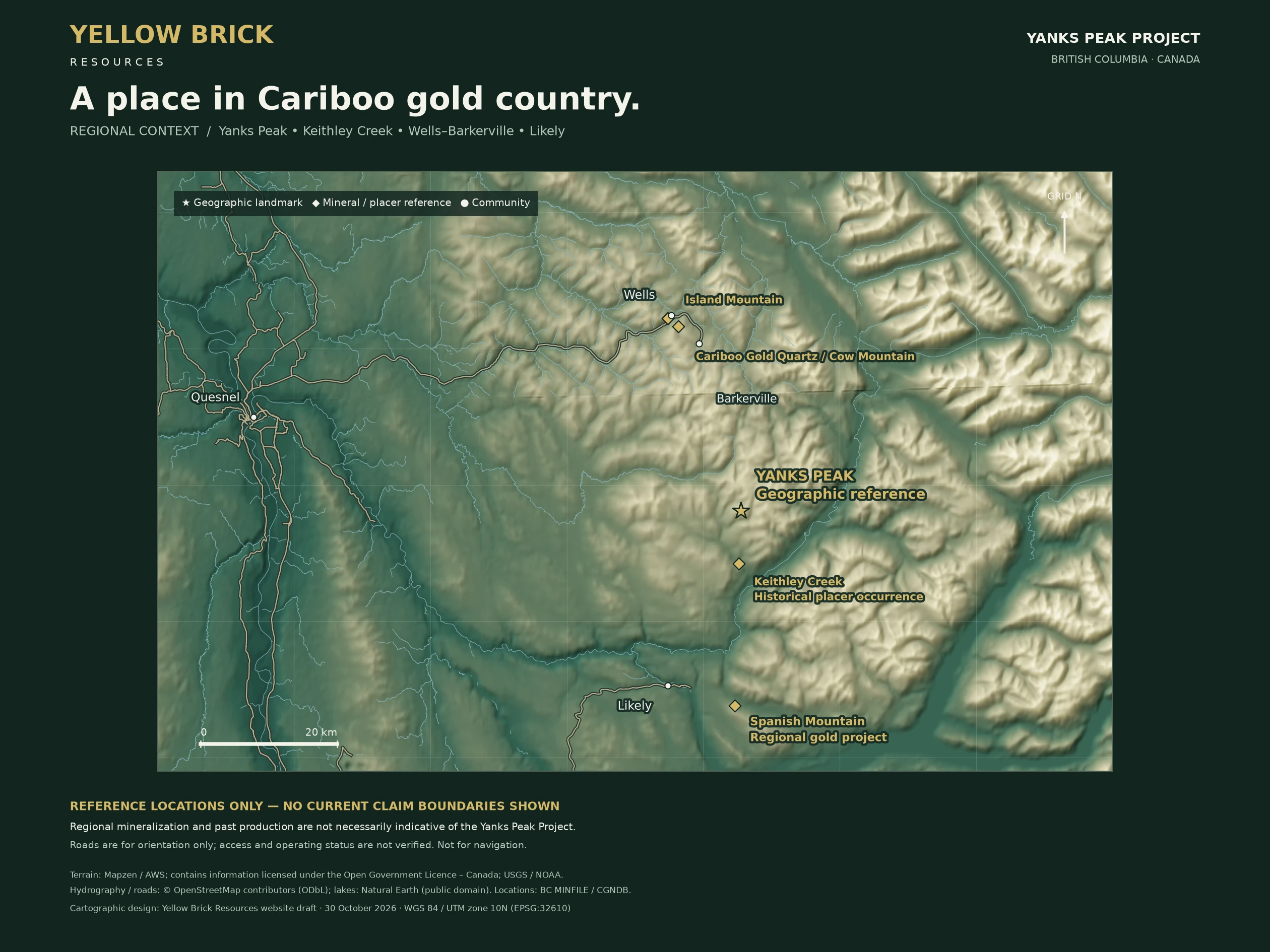 Regional context: Regional landscape and separate historical gold references. Nearby mineralization is not necessarily indicative of Yanks Peak. Not a tenure map.